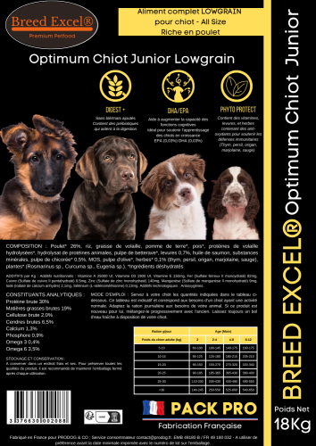 Aliment Breed Excel&#x000000ae; - Optimum Chiot Starter Lowgrain 18kg Pack Pro Gamme Professionnelle